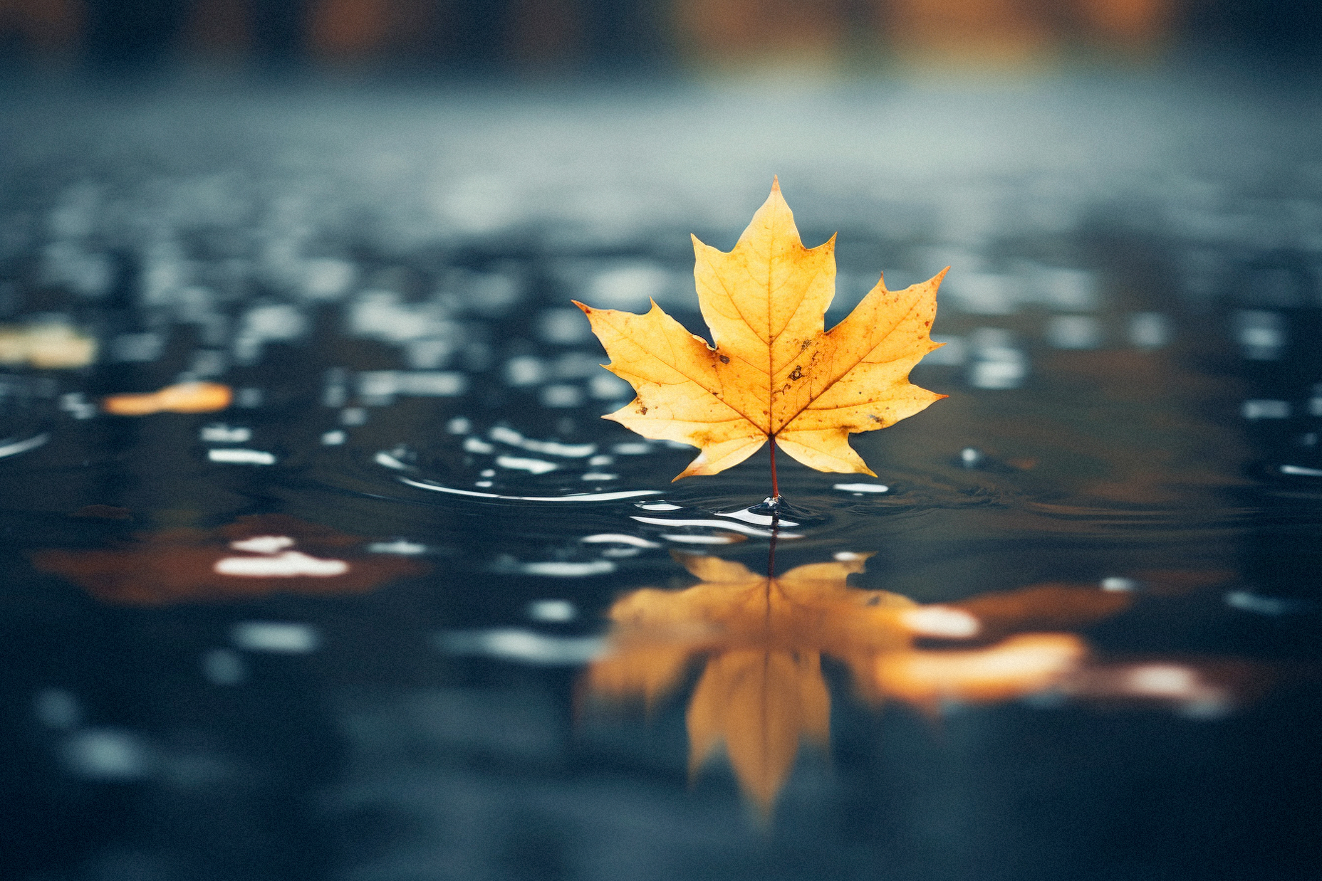 一片秋叶漂浮在水面上