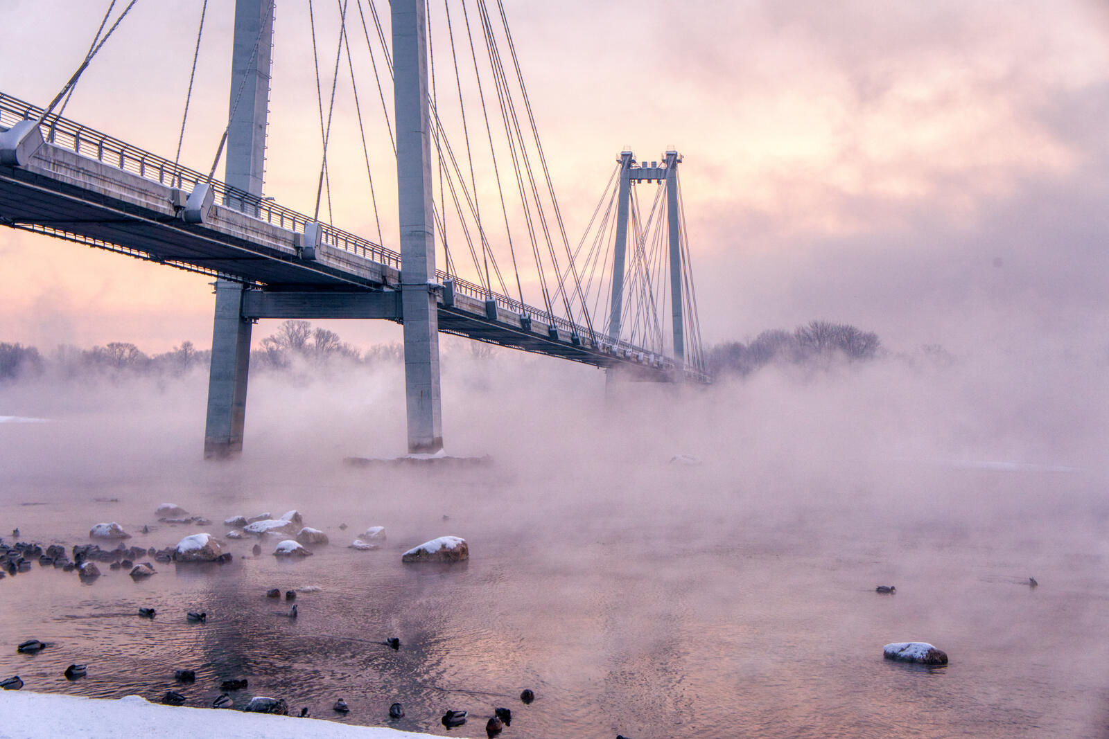 免费照片冬季叶尼塞河上空结霜的清晨