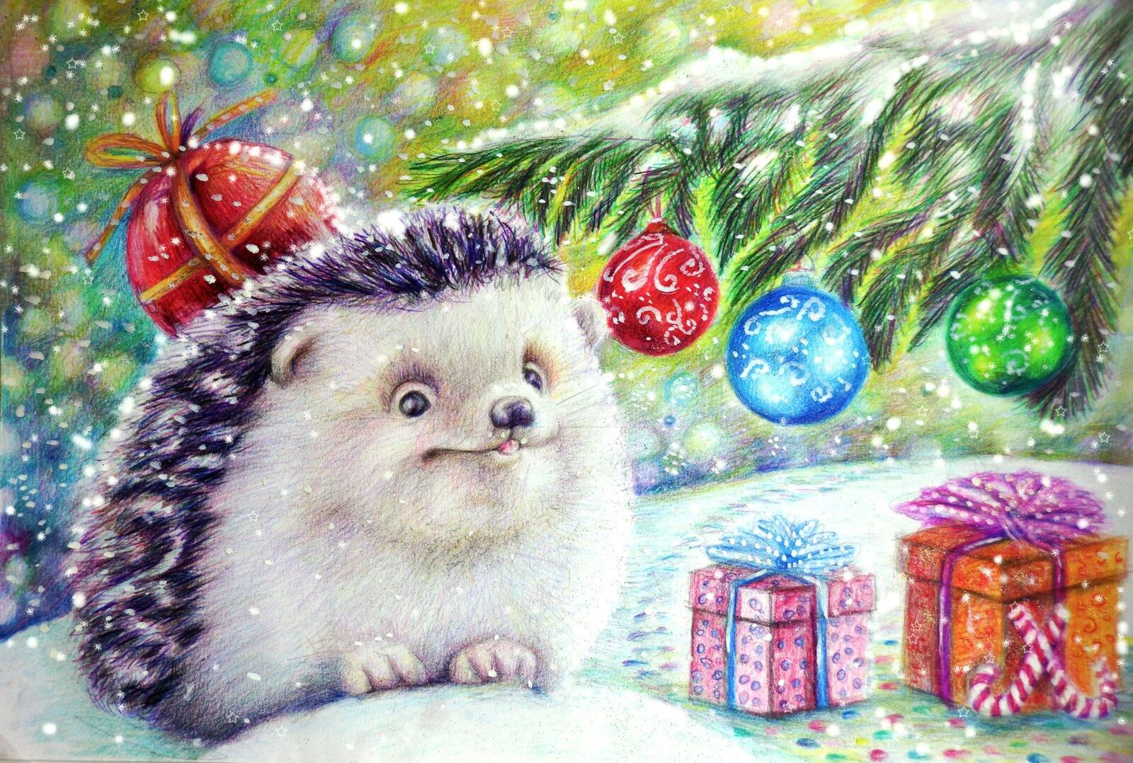Free photo A drawing of a happy hedgehog on New Year`s Day