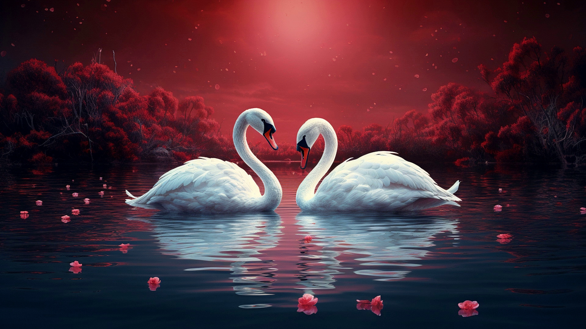 Two swans on the water at night