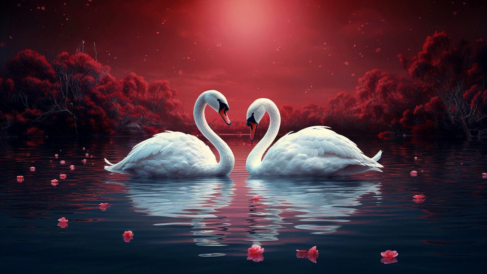 Бесплатное фото Два лебедя на воде ночью