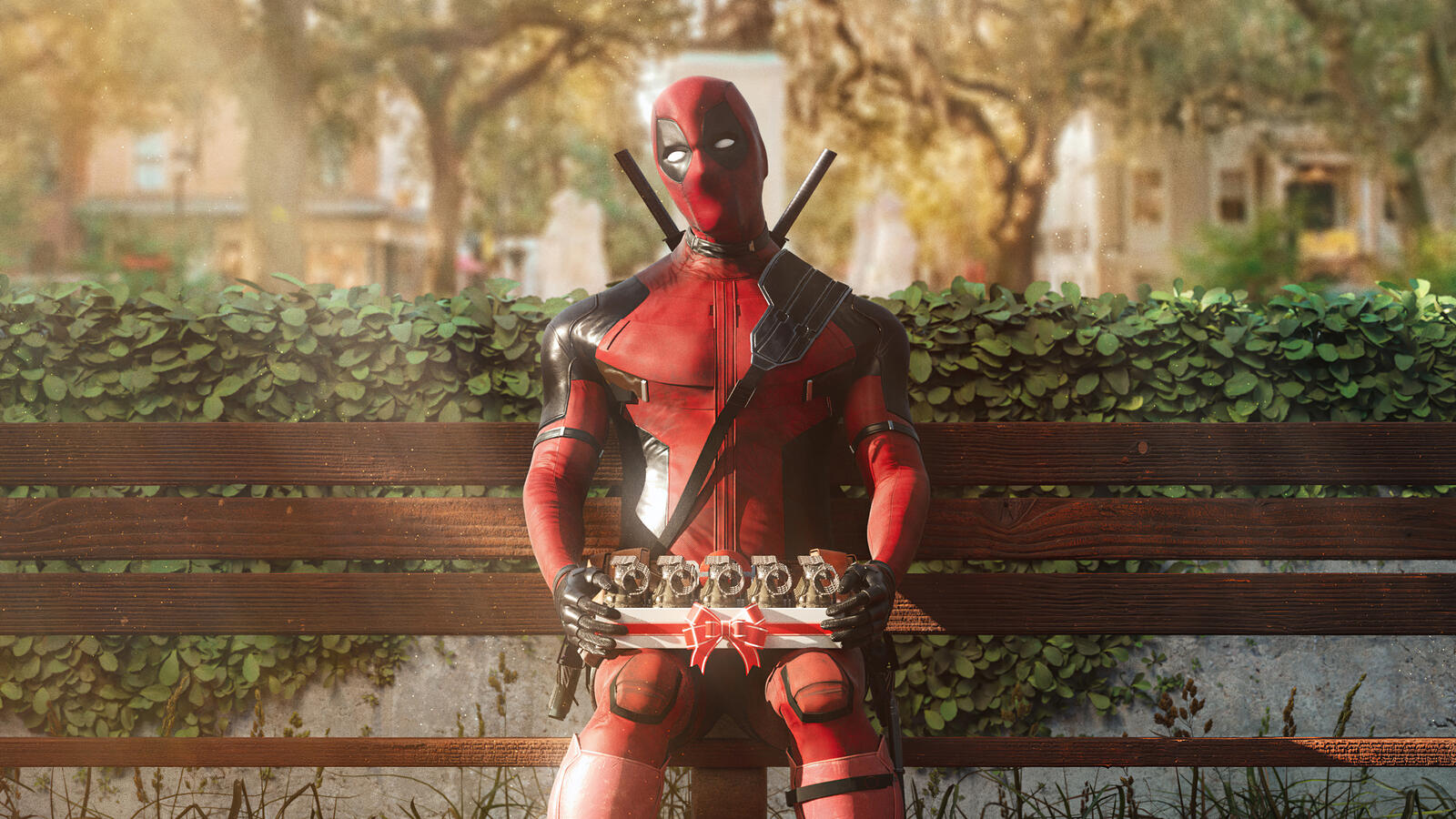 Free photo Deadpool with the gift of a grenade