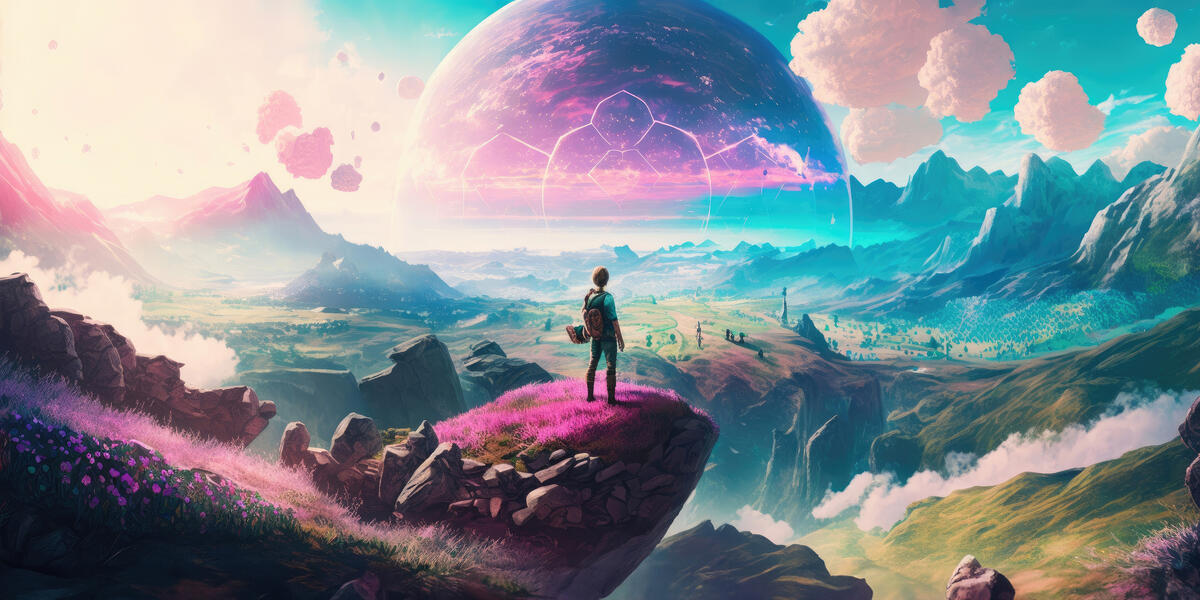 A fantasy landscape on a mountain with flowers and a planet over the horizon