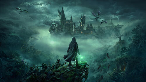 The grim castle of the dead in the green mist