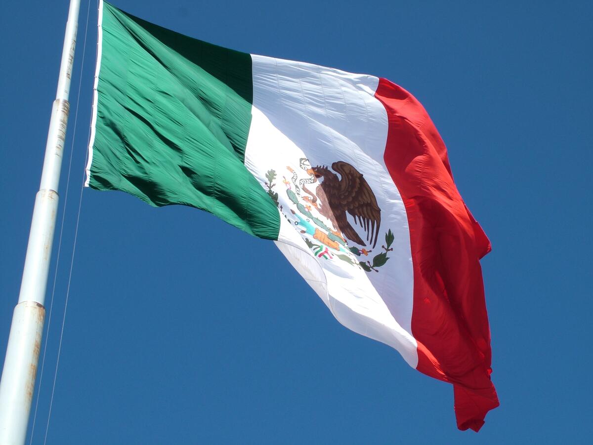 The flag of Mexico is developing on a flagpole