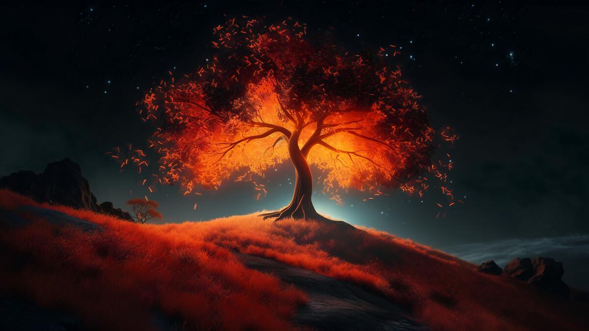 Рисунок одинокого дерева с подсвеченными Луной листьями