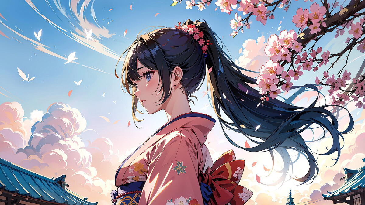 Девушка в розовом кимоно в профиль рядом с цветущей сакурой на фоне голубого неба