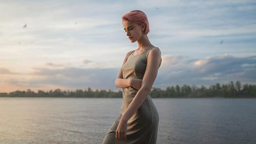 Девушка с розовыми волосами на озере