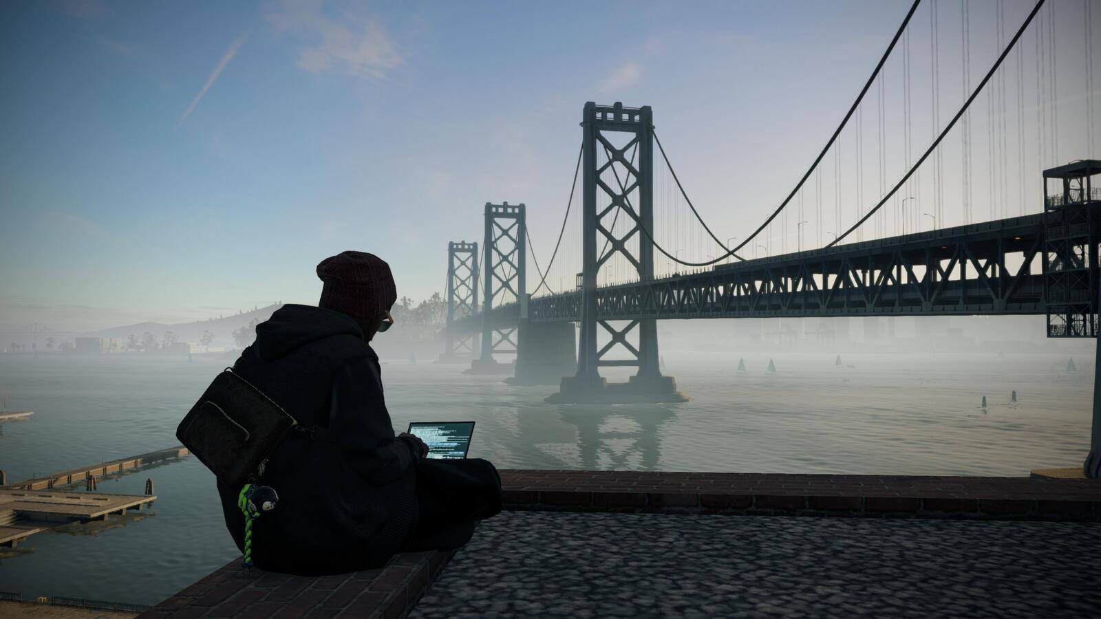 Free photo A picture from Watch Dogs 2 with a guy in the background of a bridge