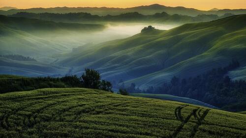 Green hills with morning mist