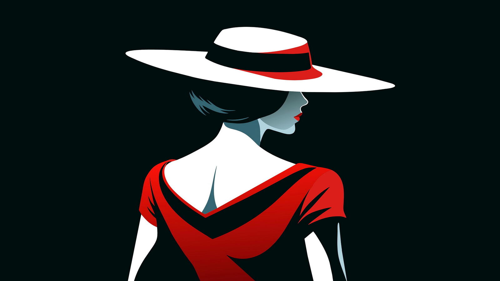 Free photo Drawing of a girl with a hat and a red dress on a black background