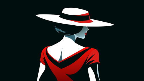 Drawing of a girl with a hat and a red dress on a black background