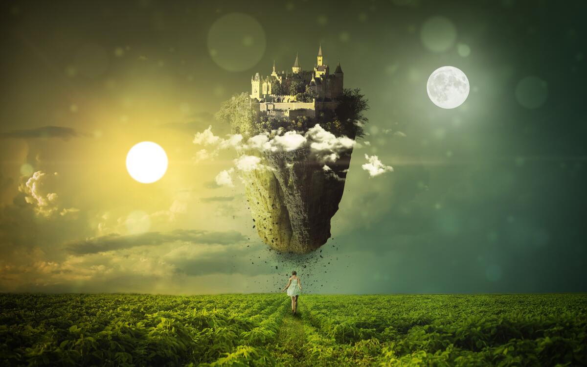 A castle on an island floating in the air with the moon and the sun in the background