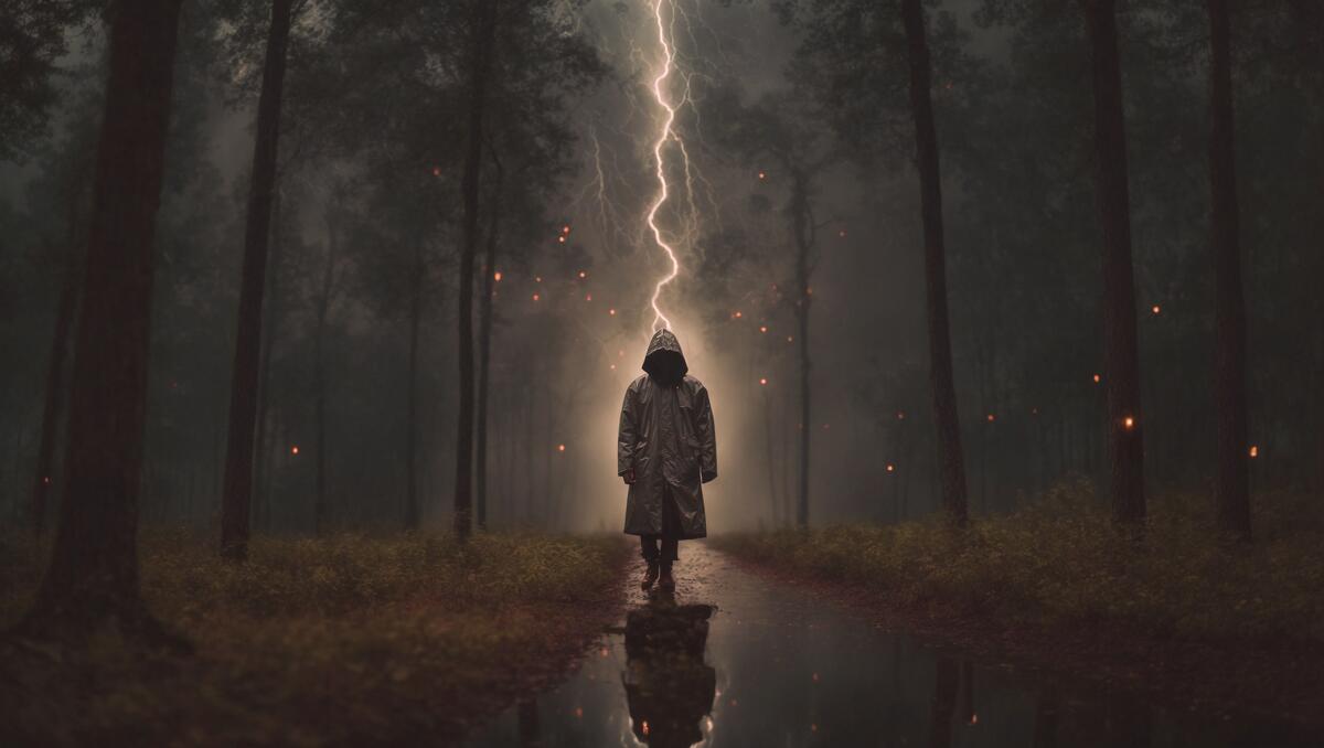 A woman walks away from lightning in the woods.