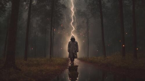 A woman walks away from lightning in the woods.