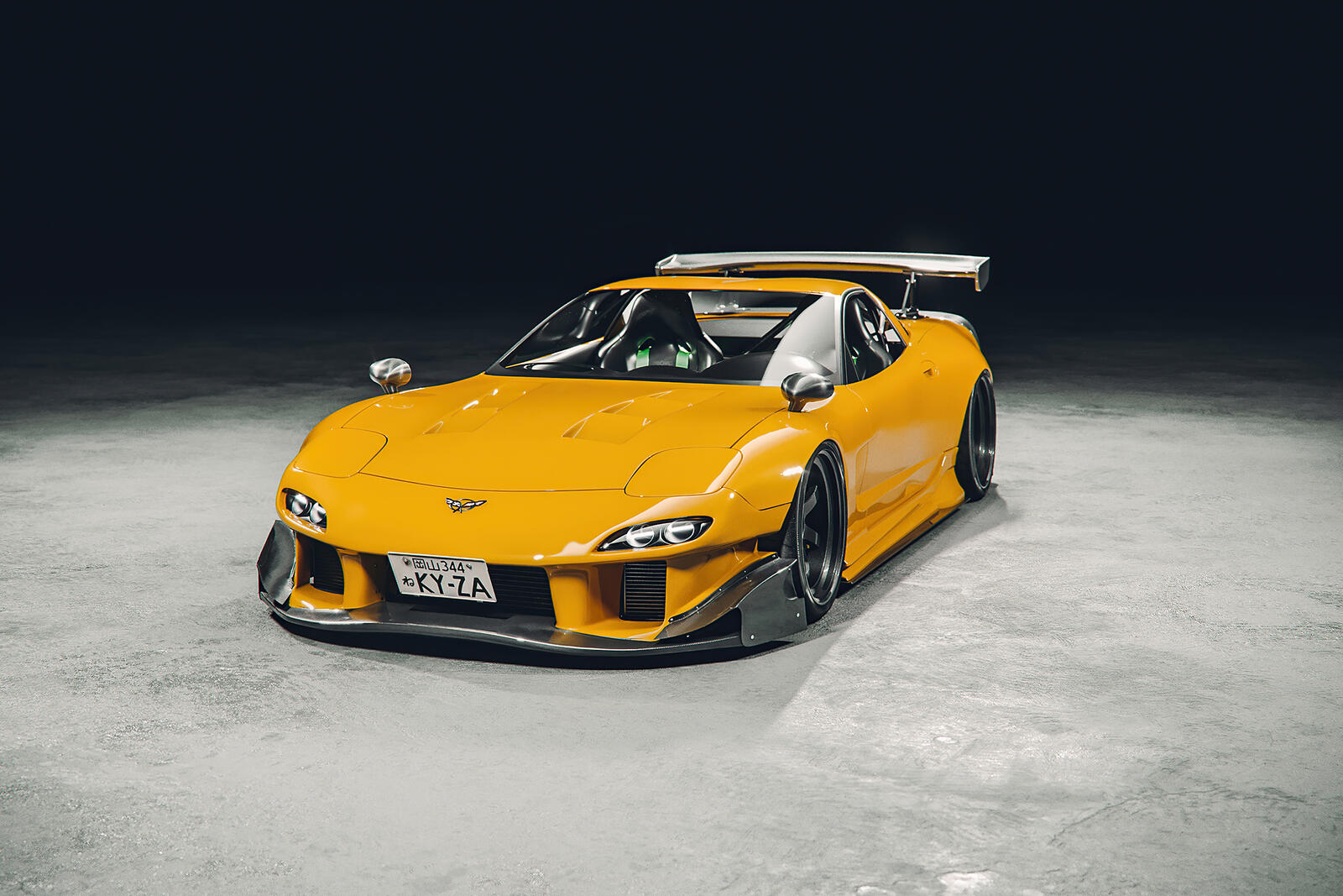 Бесплатное фото Мазда рх7 желтого цвета со значком Corvette