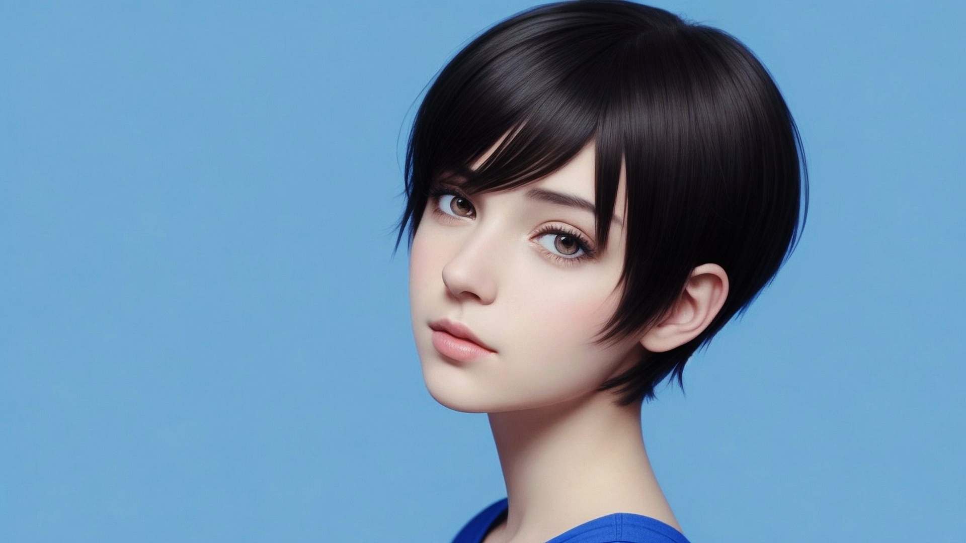 Free photo Portrait of a girl with short hair on a blue background