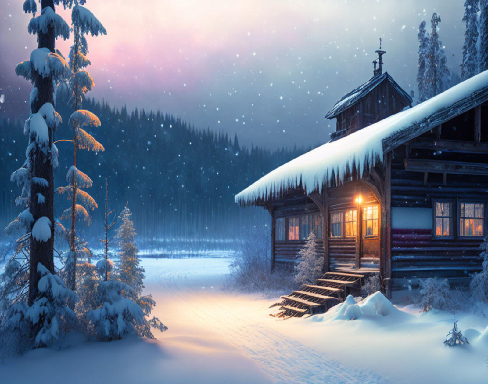 Бесплатное фото Рисунок домика в лесу возле озера