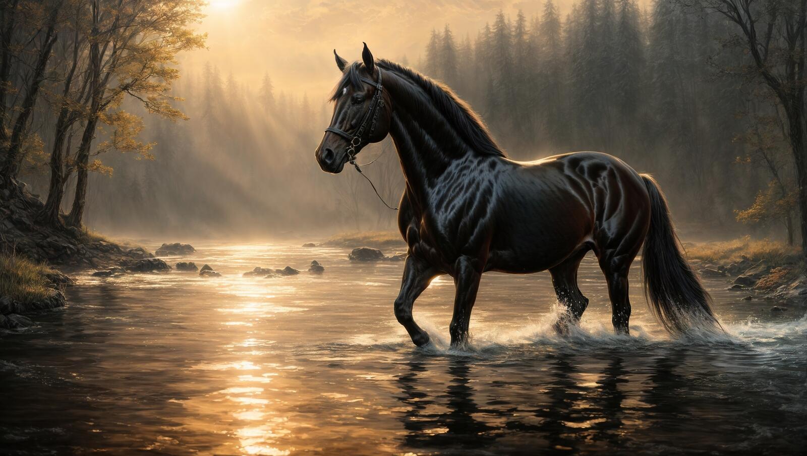 免费照片一幅描绘一匹黑马在林中小溪跋涉的画作