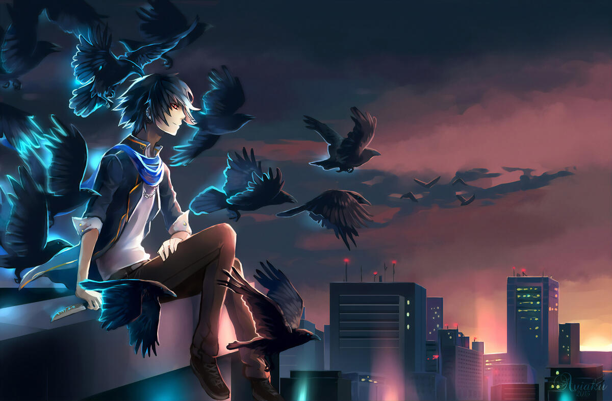 The boy from the anime is sitting on the roof with the crows