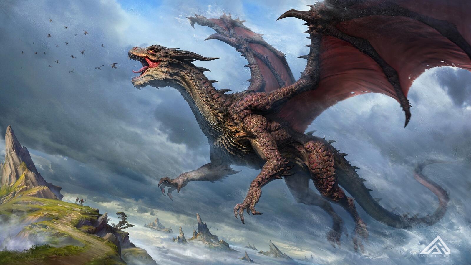 Бесплатное фото Летящий дракон над океаном