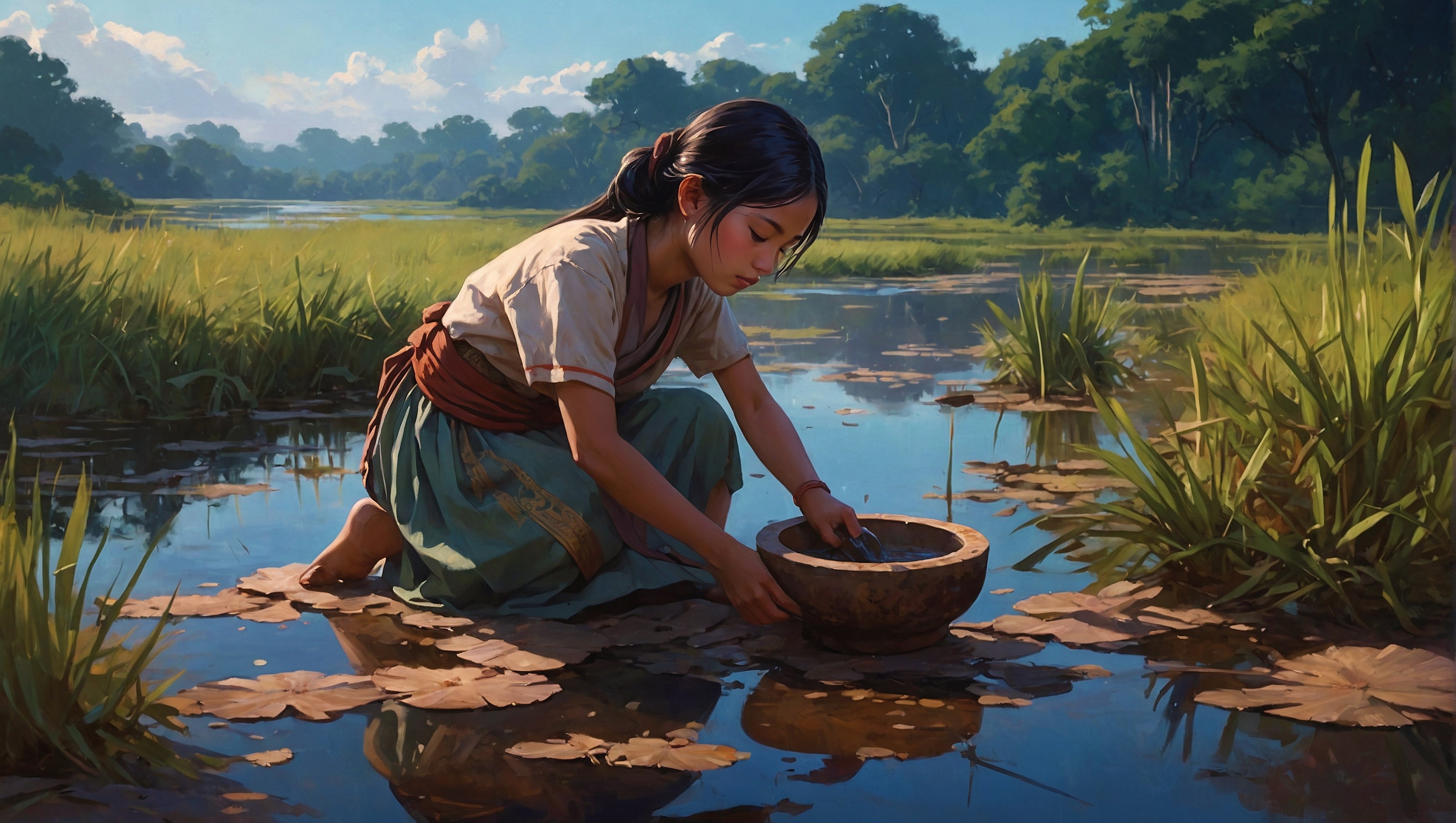 一位妇女在沼泽地里用盆子洗水