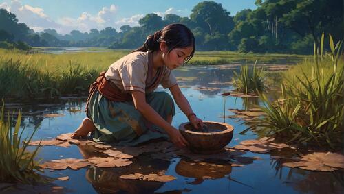 A woman washes water from a pot in the swamp