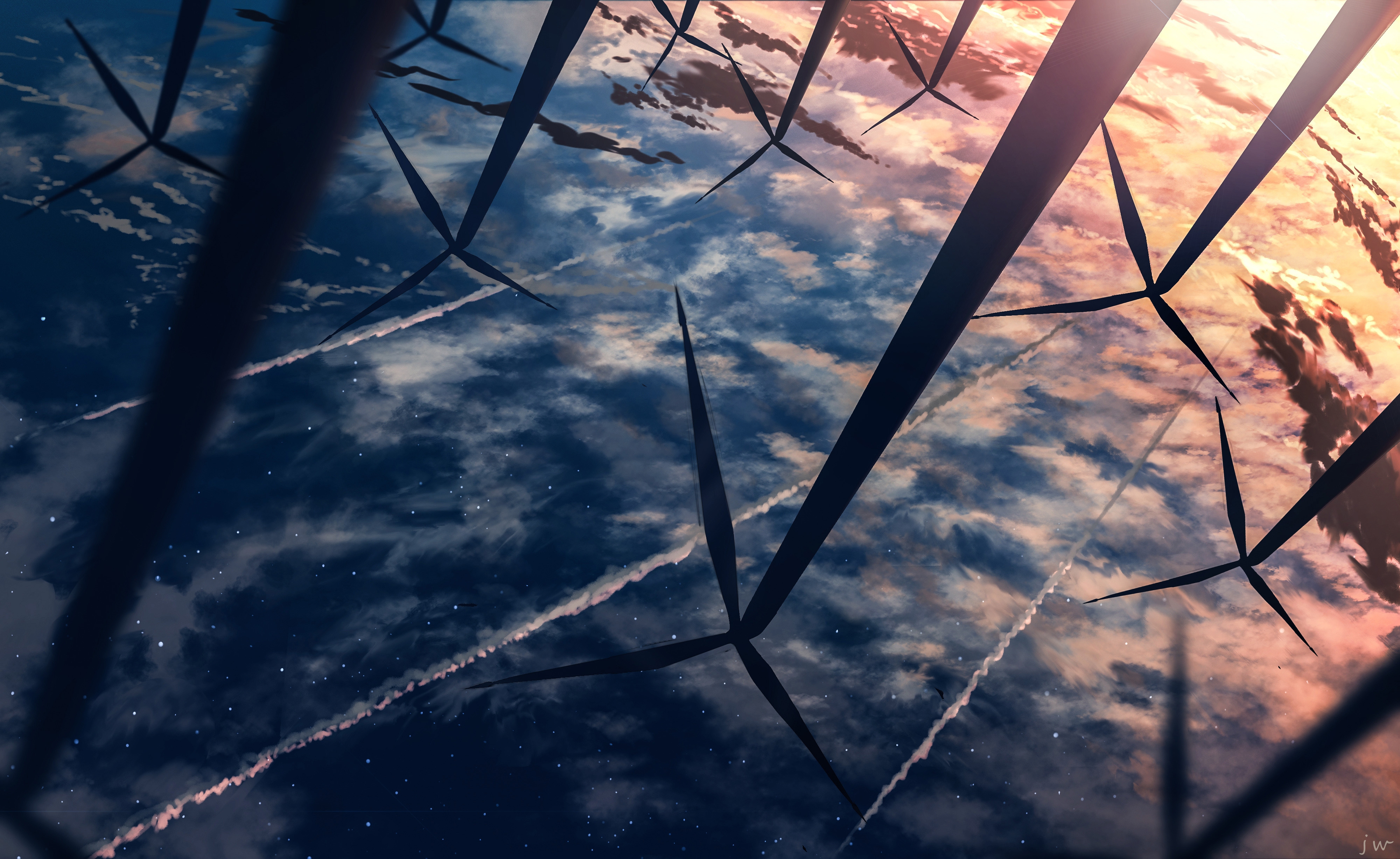 Фото обои аниме пейзаж, ветряные мельницы, отражение, закат, вода, пейзажи - бесплатные картинки на Fonwall