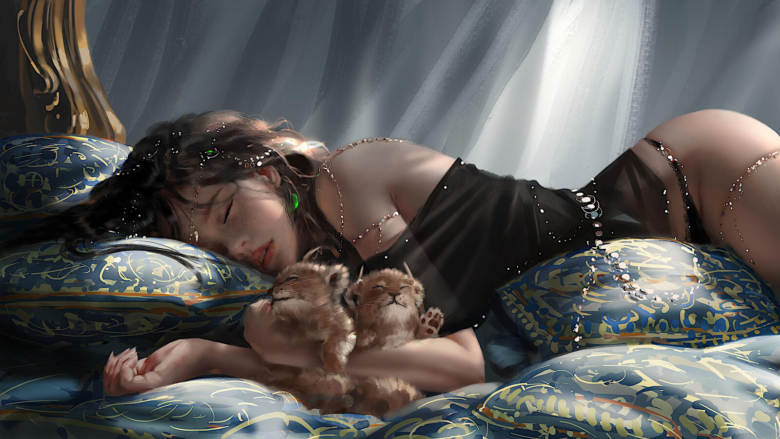 Free photo A girl sleeps cradling little lion cubs in her arms