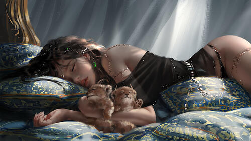 A girl sleeps cradling little lion cubs in her arms