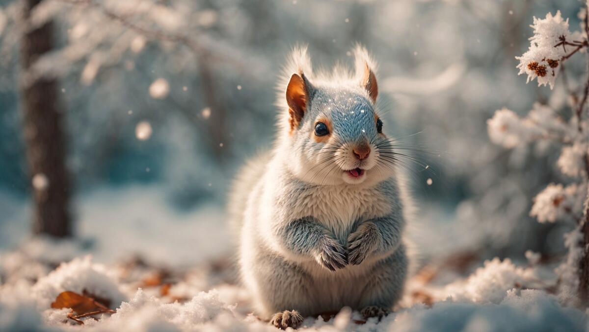 A squirrel with blue paint on its head sits in the snow