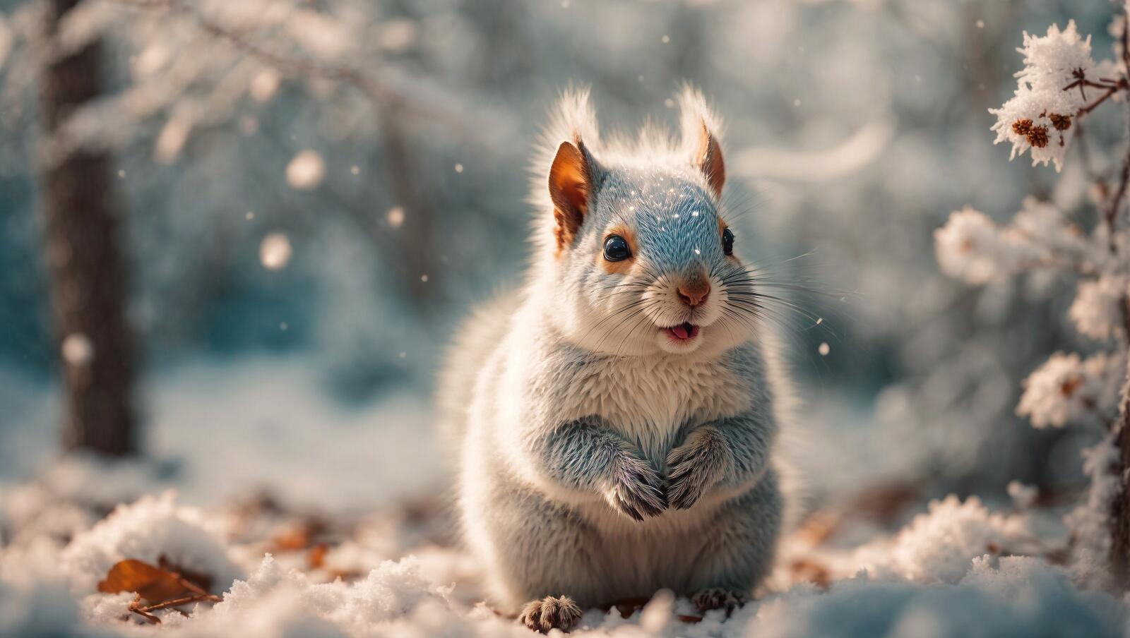 Free photo A squirrel with blue paint on its head sits in the snow