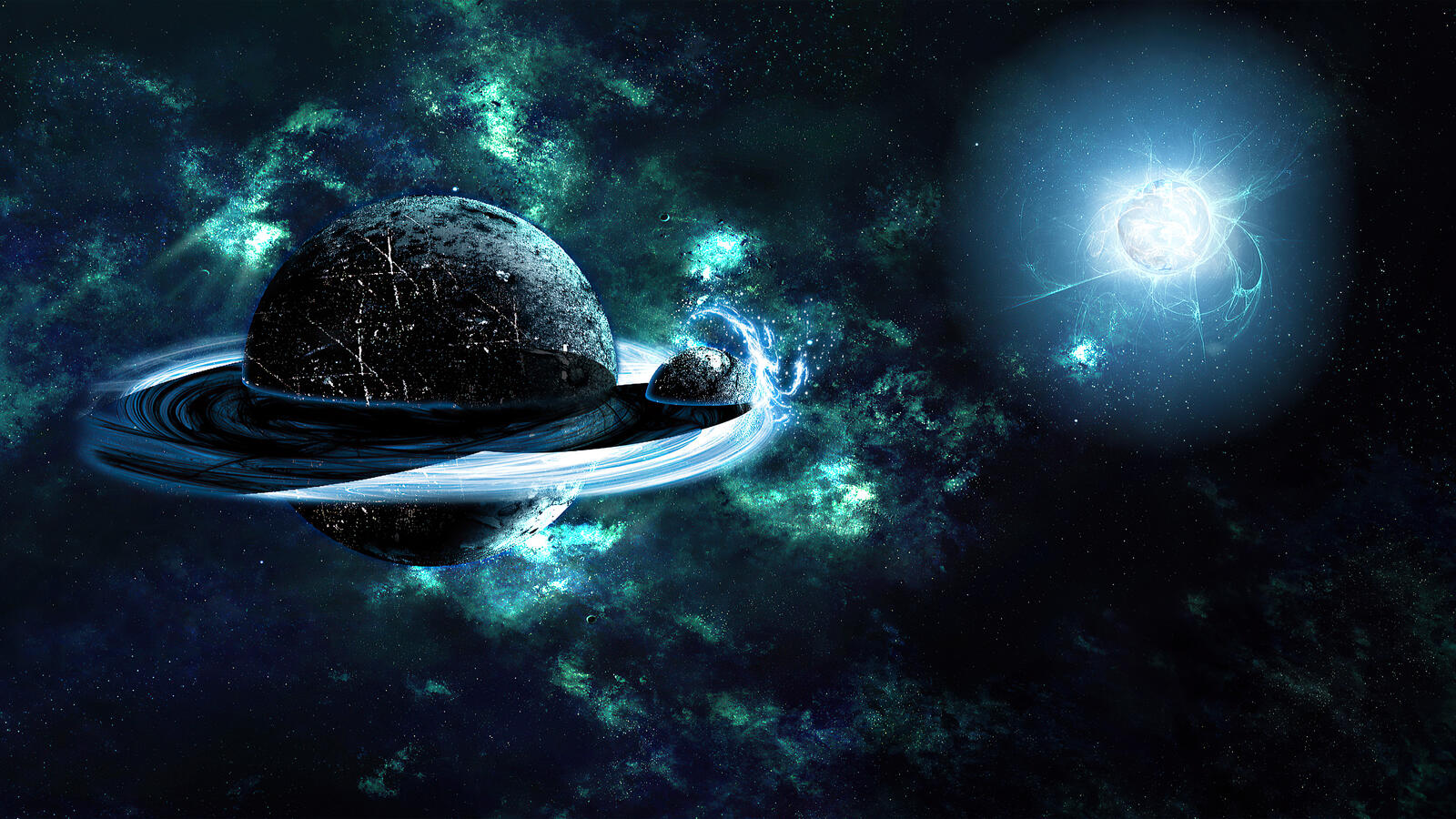 Бесплатное фото Планетарная система с яркой синей звездой