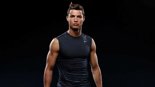 Muscular Cristiano Ronaldo in a black sports shirt