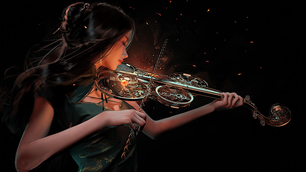Девушка играющая на огненной скрипке