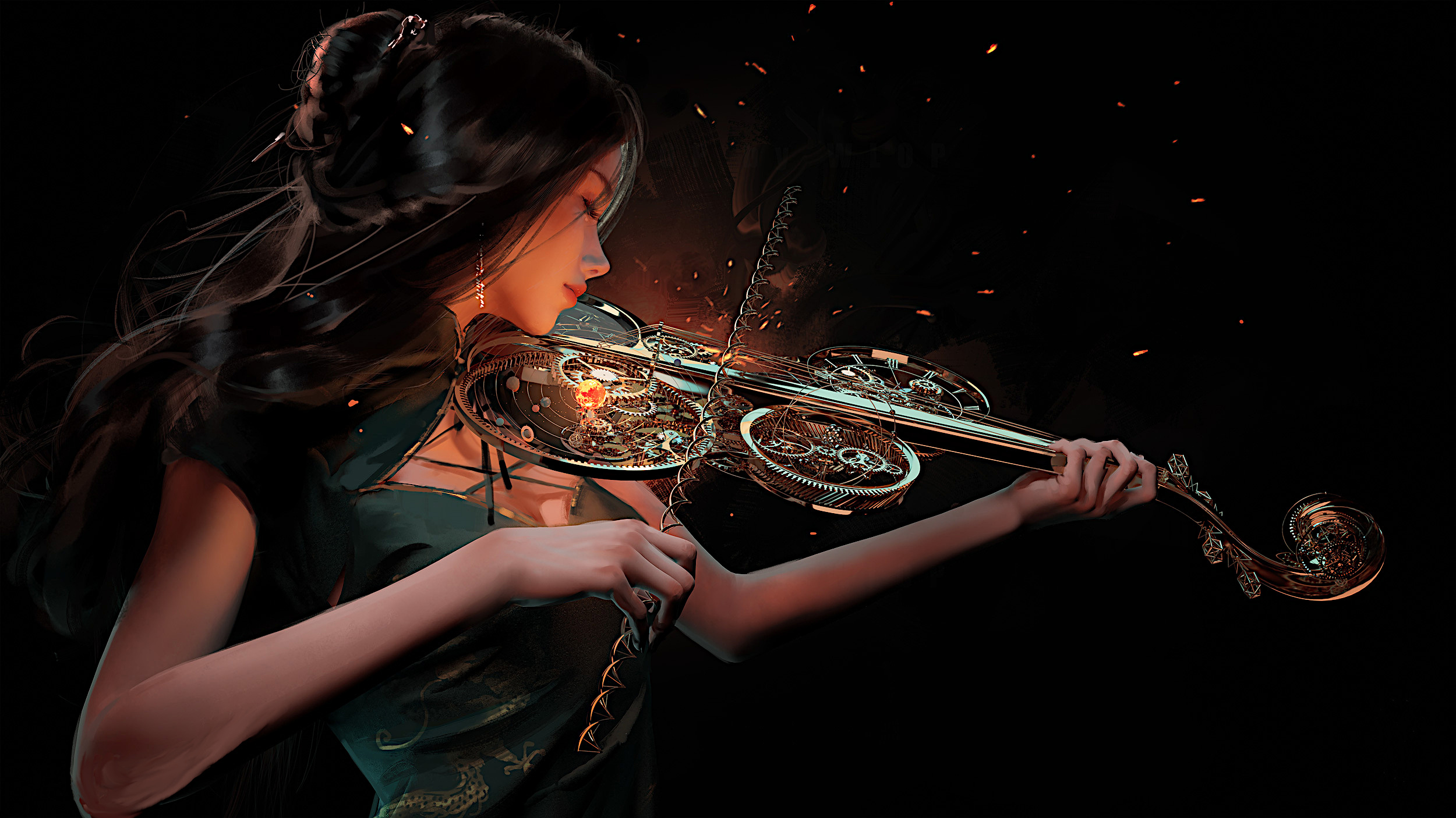 Бесплатное фото Девушка играющая на огненной скрипке