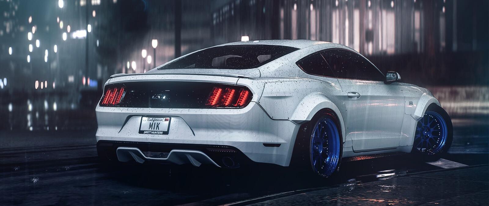 Free photo A white Ford Mustang in rainy weather