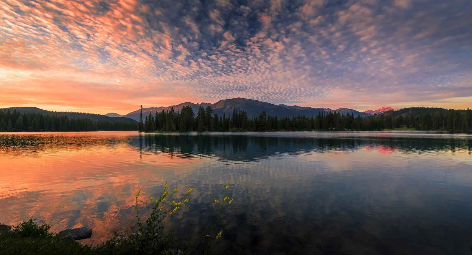 Бесплатное фото Пейзаж на озере во время заката солнца