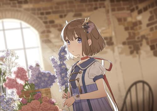 Anime girl in a room with a purple lavender flower