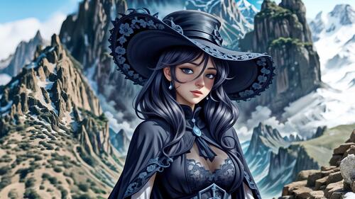 Девушка в черной шляпе и плаще на фоне гор