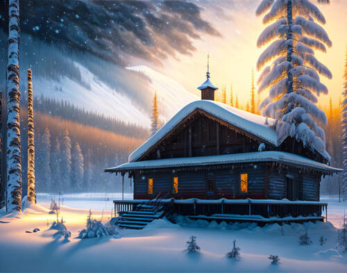 Старый дом в снежном лесу Сибири