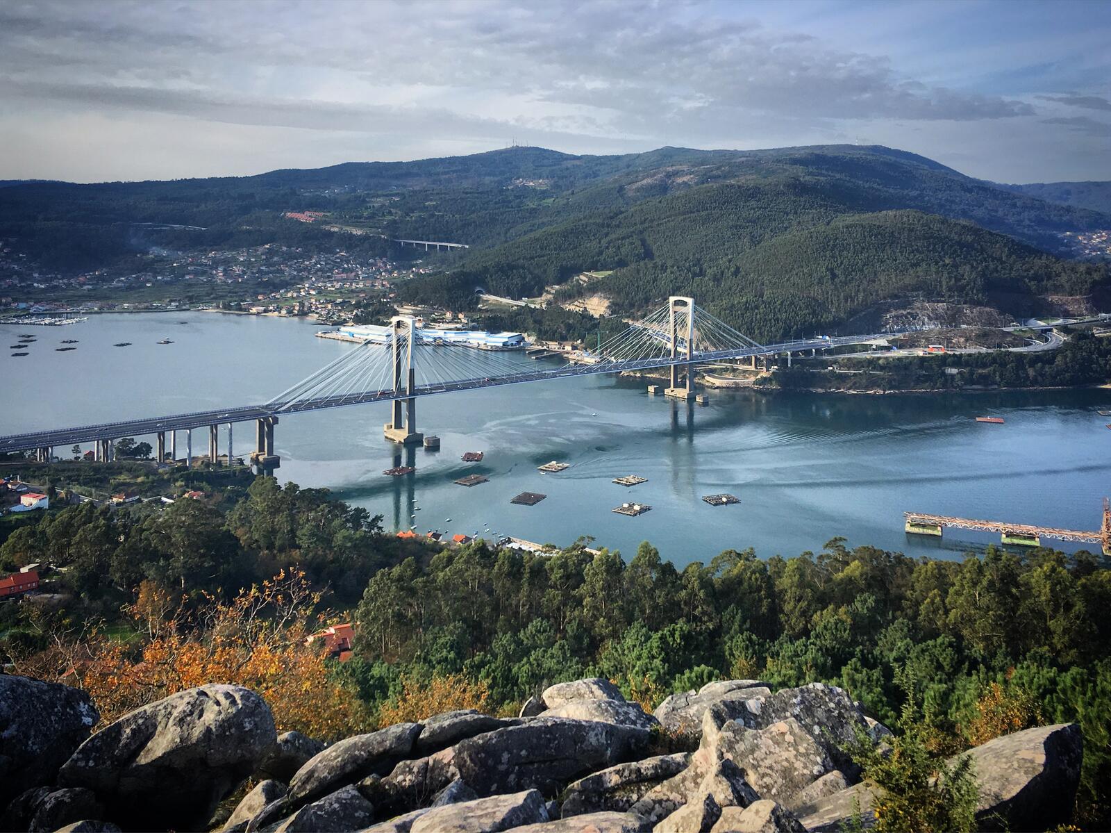 Бесплатное фото Большой подвесной мост через реку вид с высоты