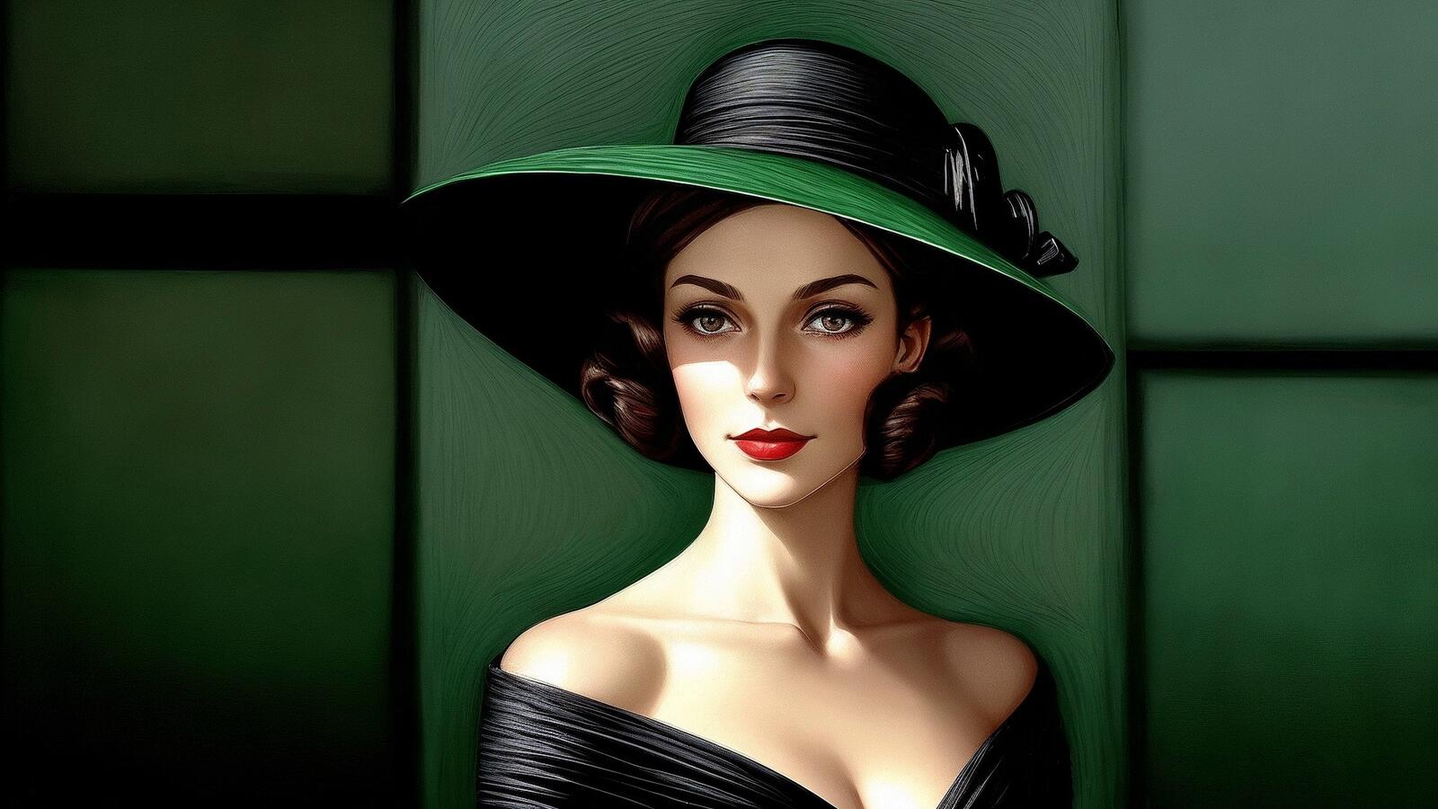 Бесплатное фото Рисунок портрет женщины в шляпе на зеленом фоне