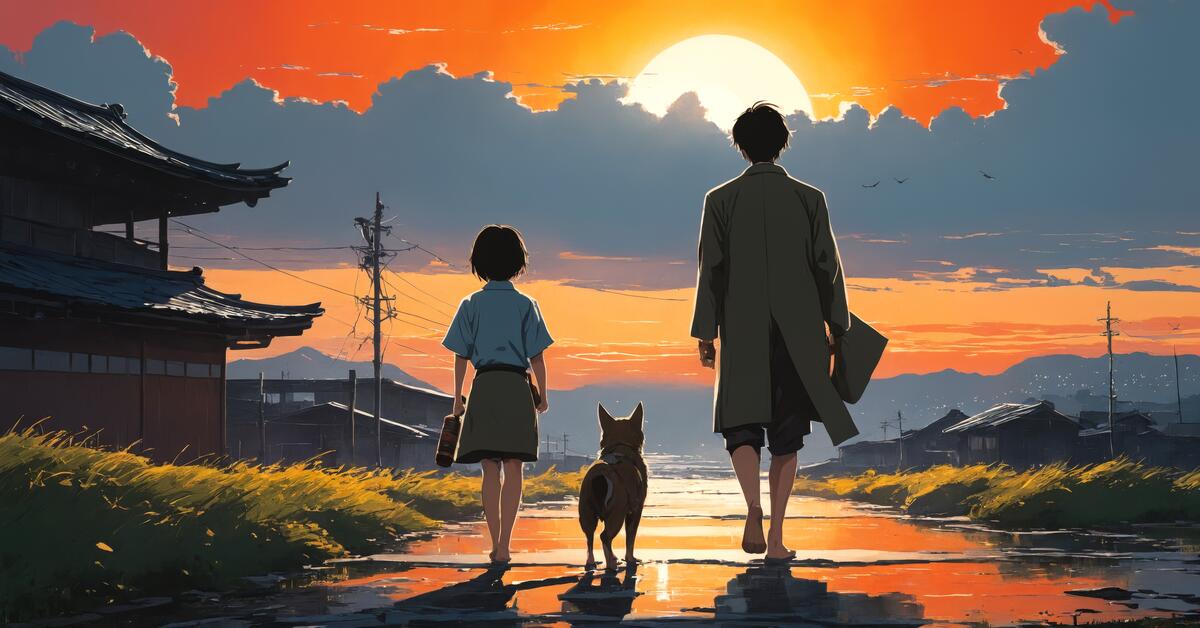 Two people and a dog are standing in the sunset