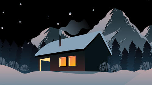 Рендеринг картинка с домиком в горах зимой