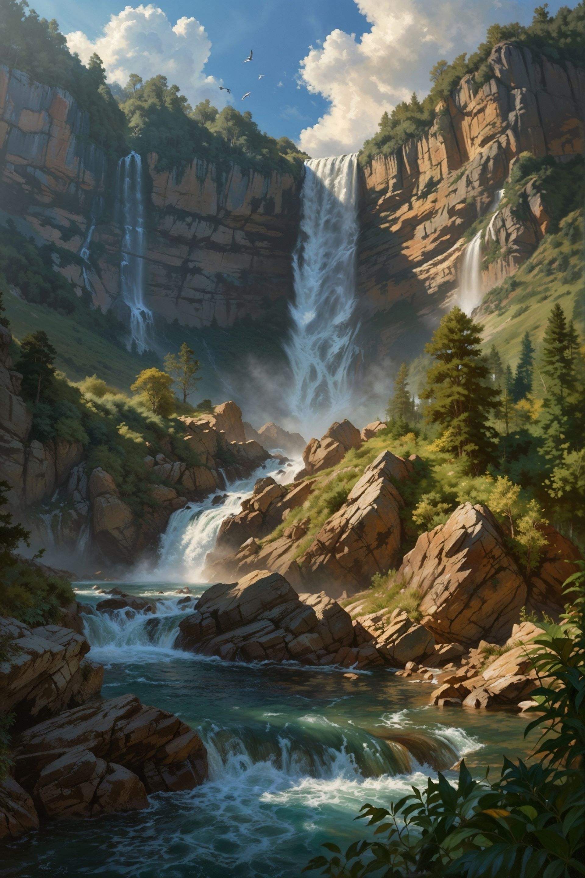 Free photo Mountain landscape with waterfall