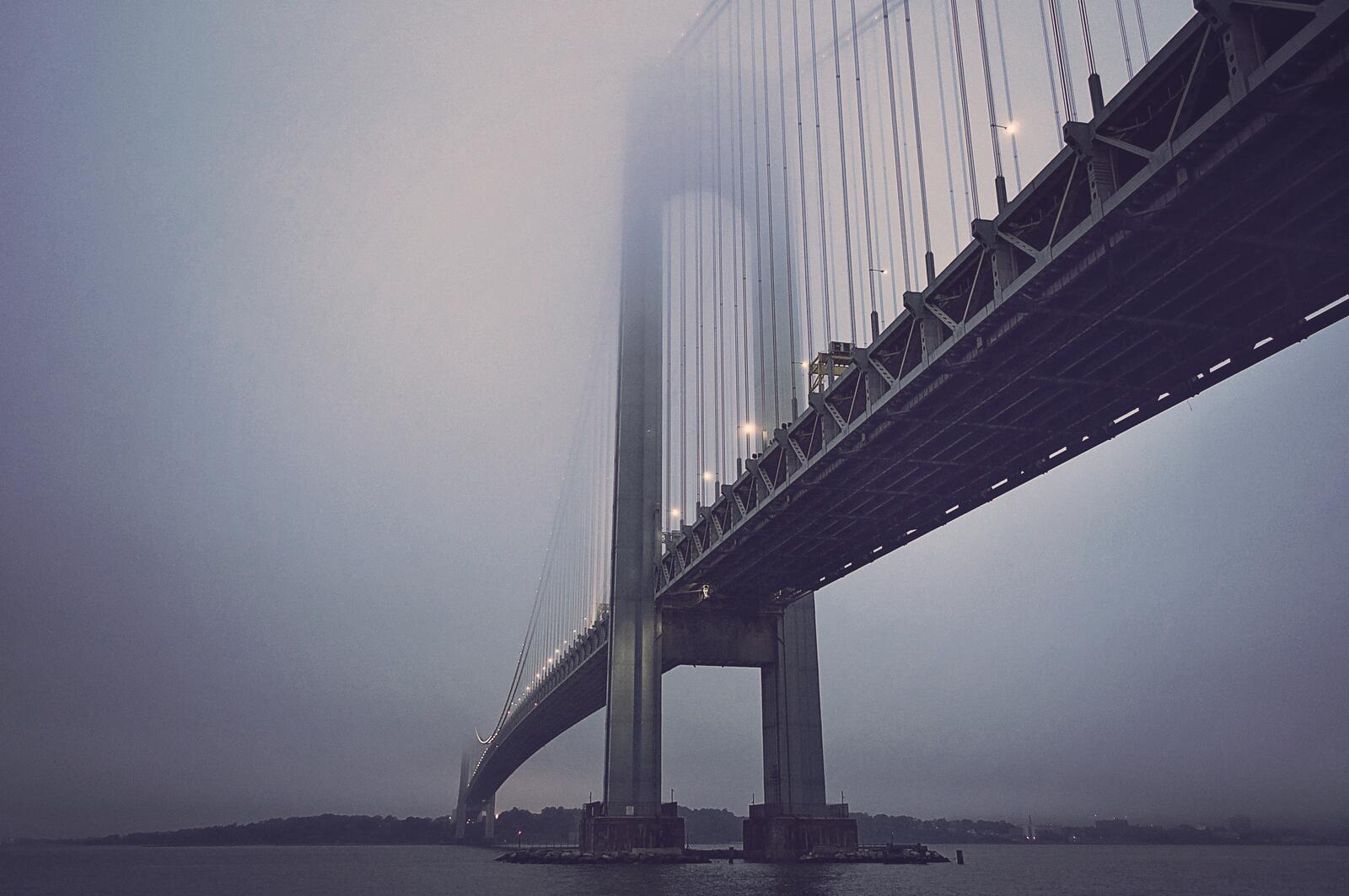 Free photo A large suspension bridge in the fog