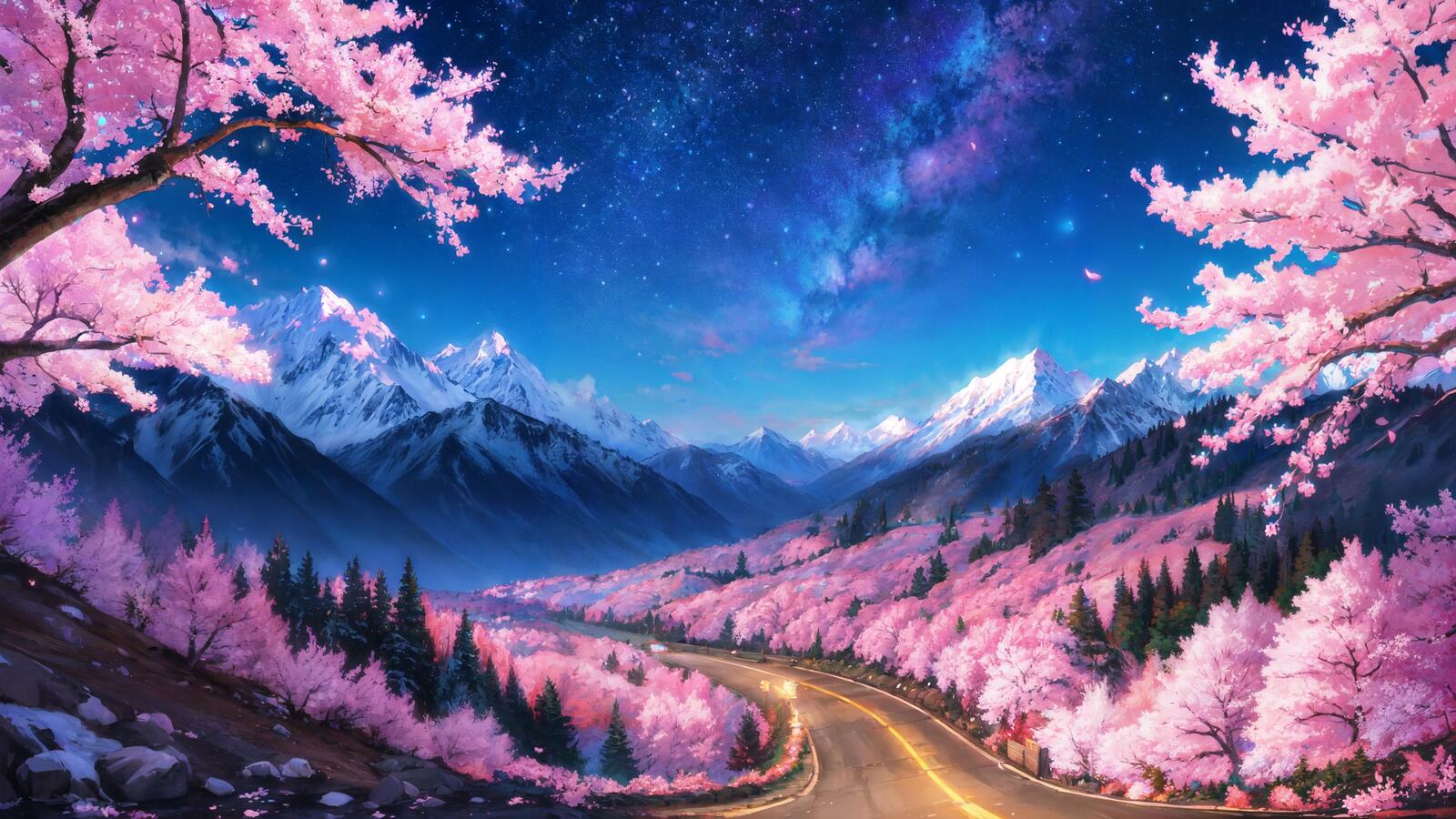 Бесплатное фото Фэнтезийный пейзаж с горами и розовыми деревьями