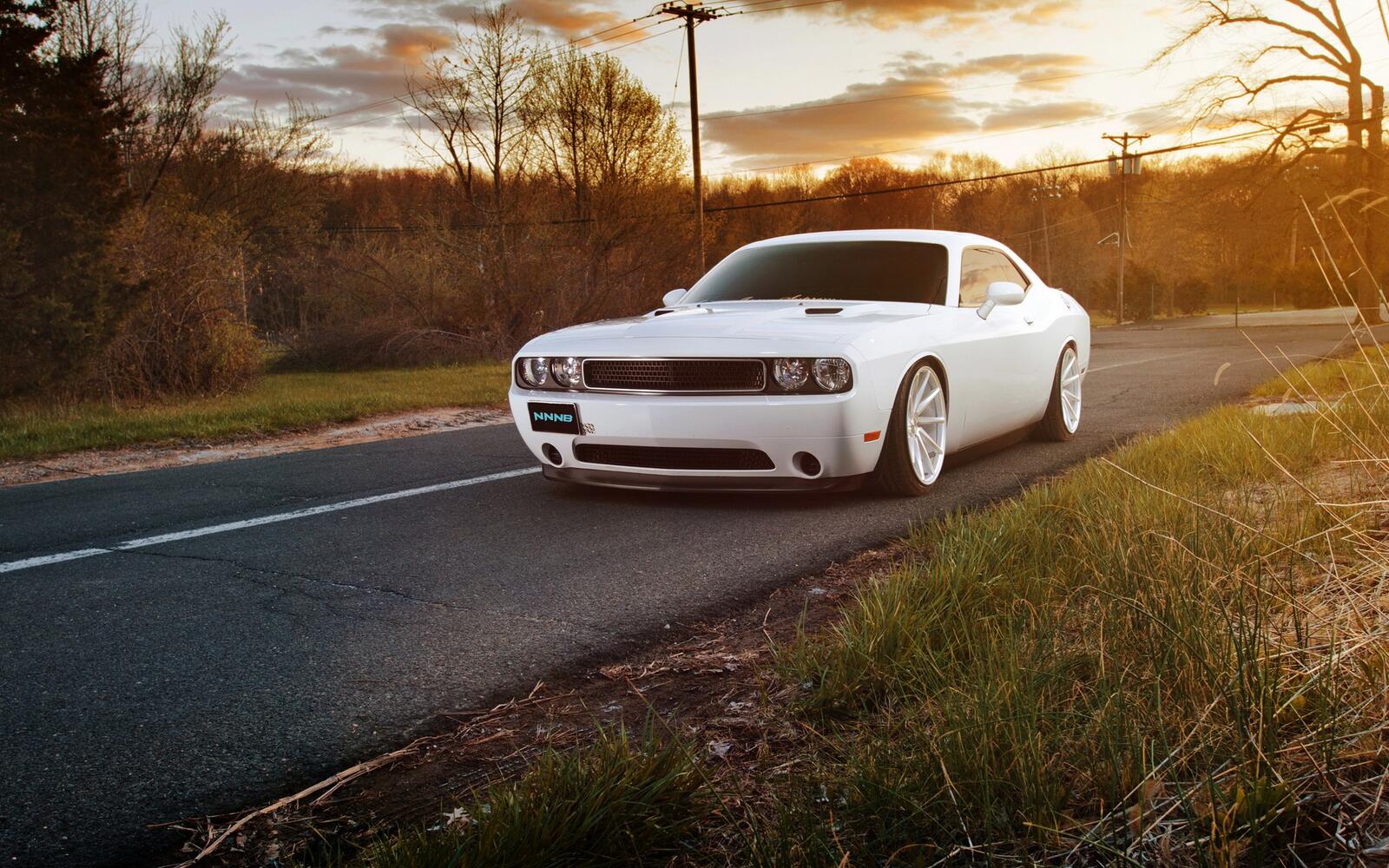 Free photo White Dodge Challenger on large white rims