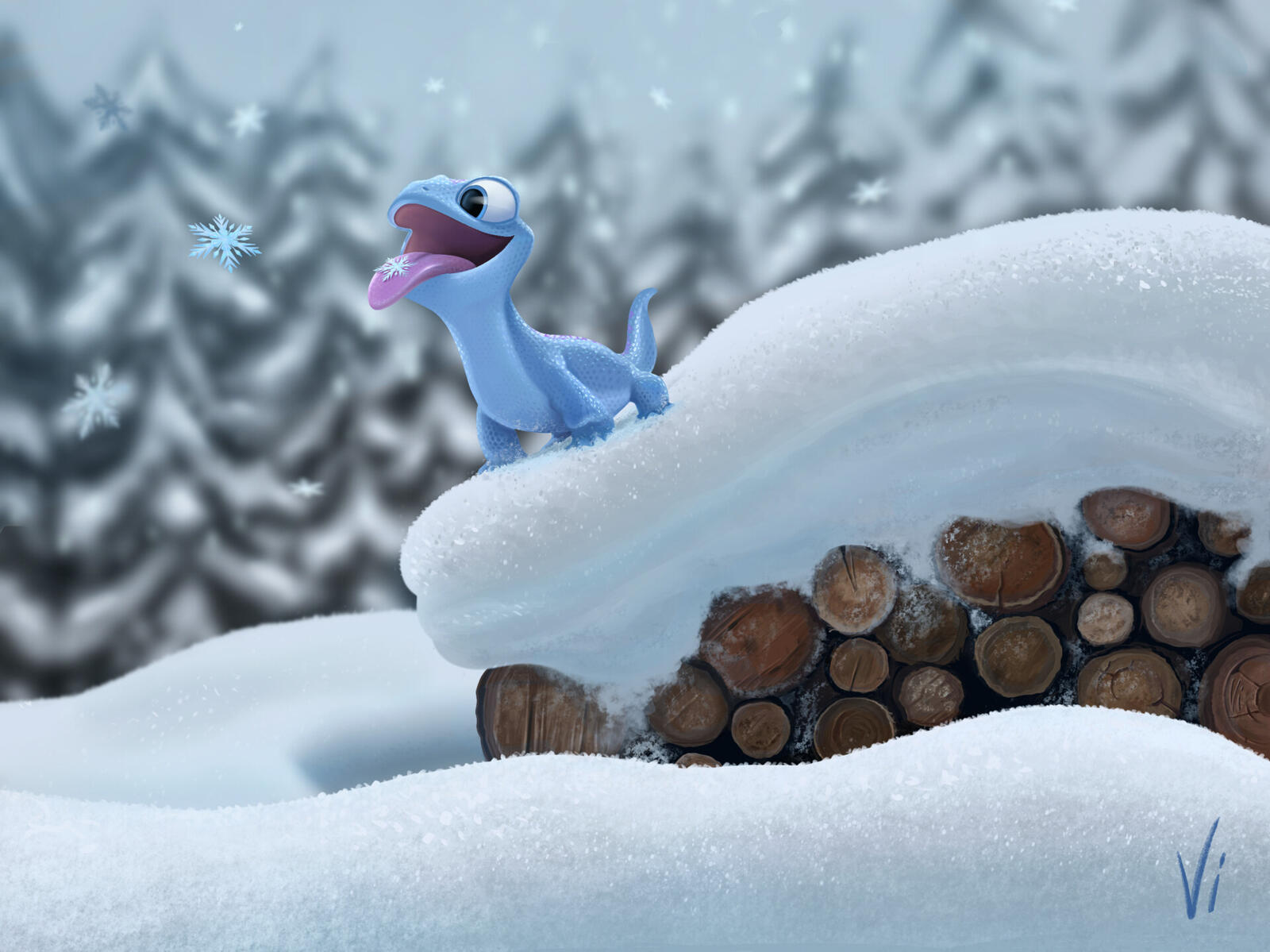 Озорной Бруни из мультфильма Холодное сердце 2 ловит снежинки